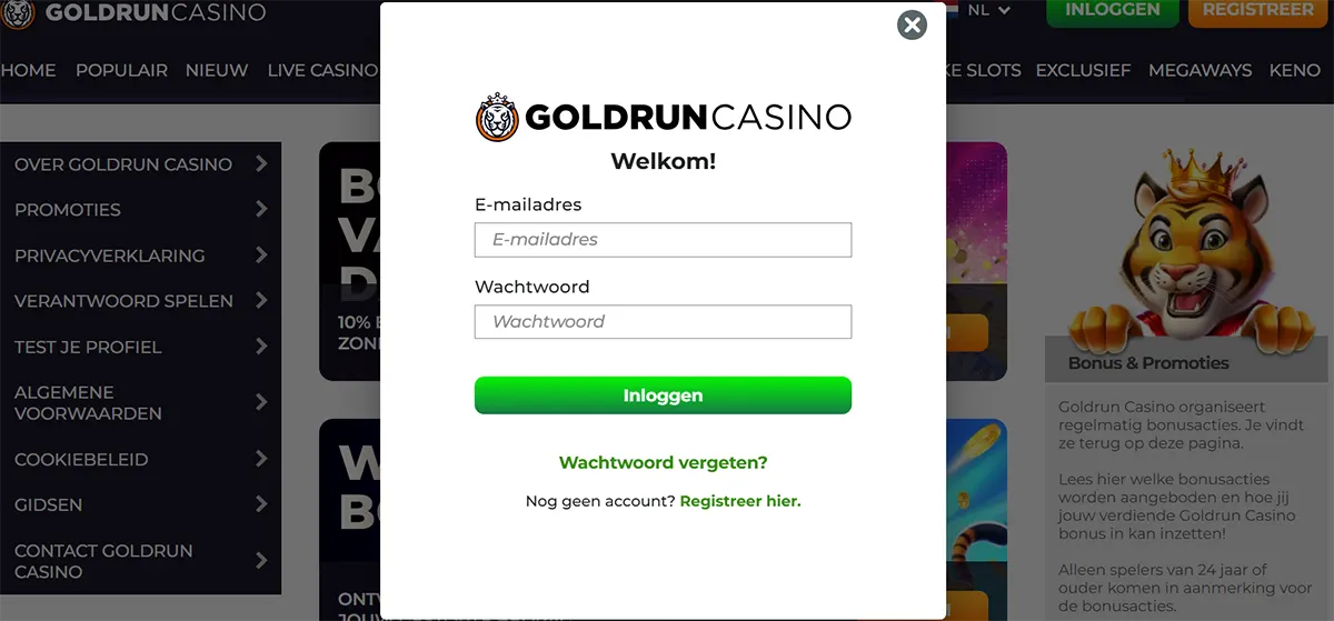 Goldrun Casino login popup with email and password fields on Dutch online casino homepage.